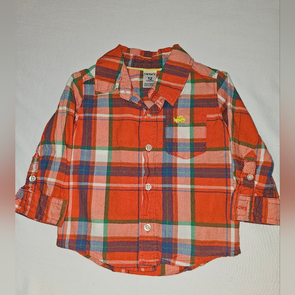 Carters Button Up Long Sleeve Plaid Red Blue Green Yellow SZ 12 Month - Picture 1 of 7